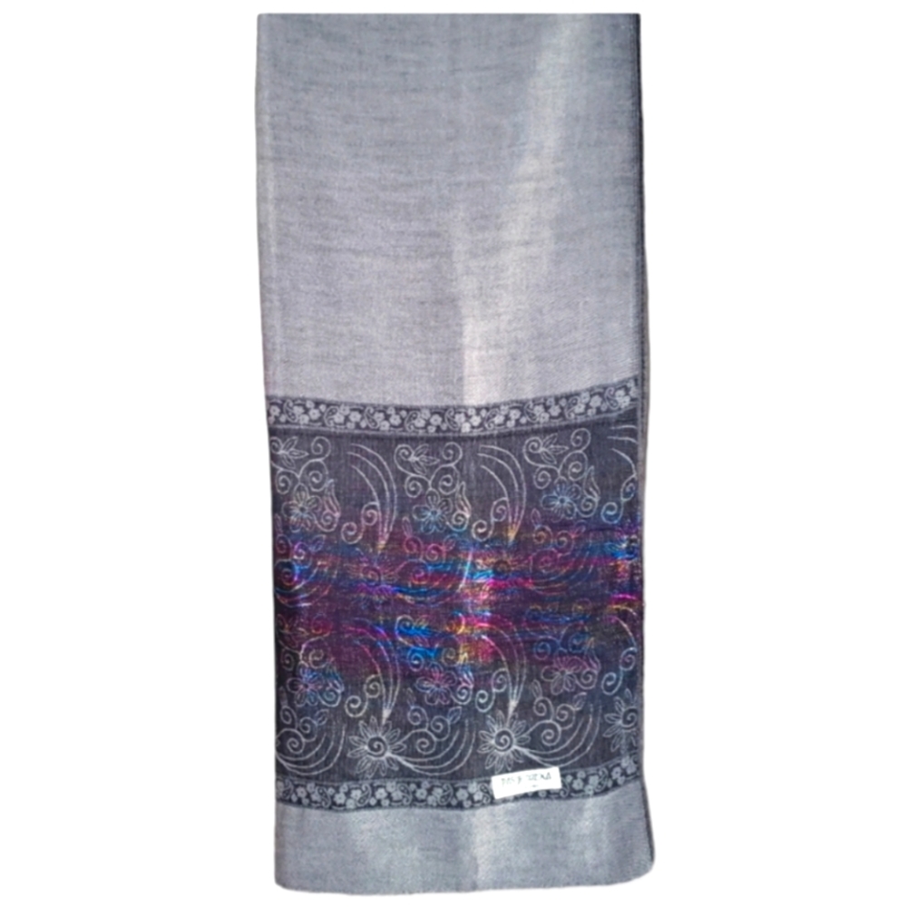 NWOT gray w/rainbow metallic floral  100% Pashmina goat's wool scarf wrap